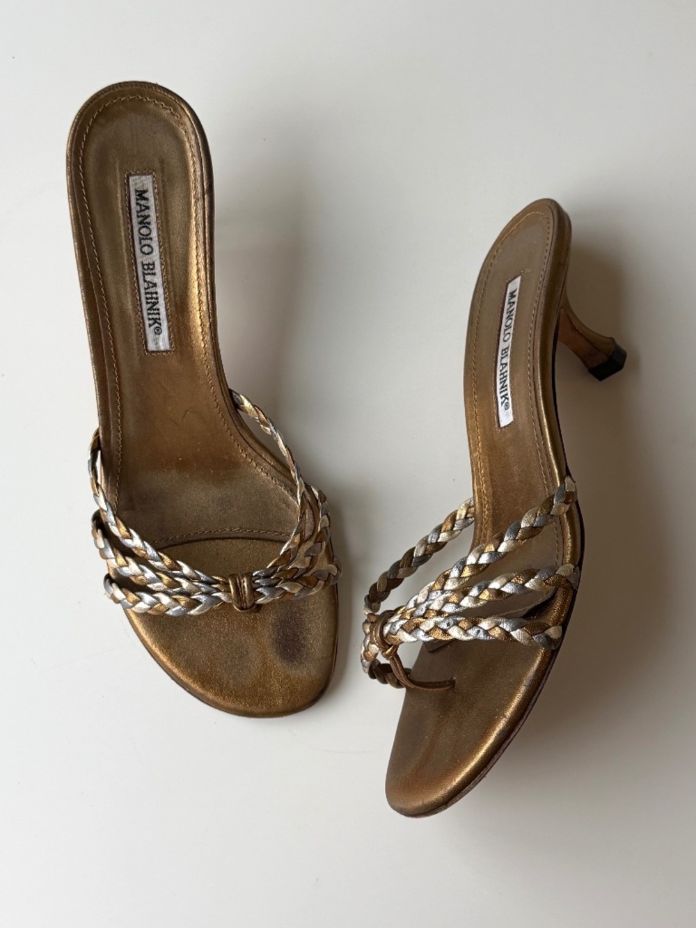 Vintage Manolo Blahnik metallic braided thong sandals, IT 37